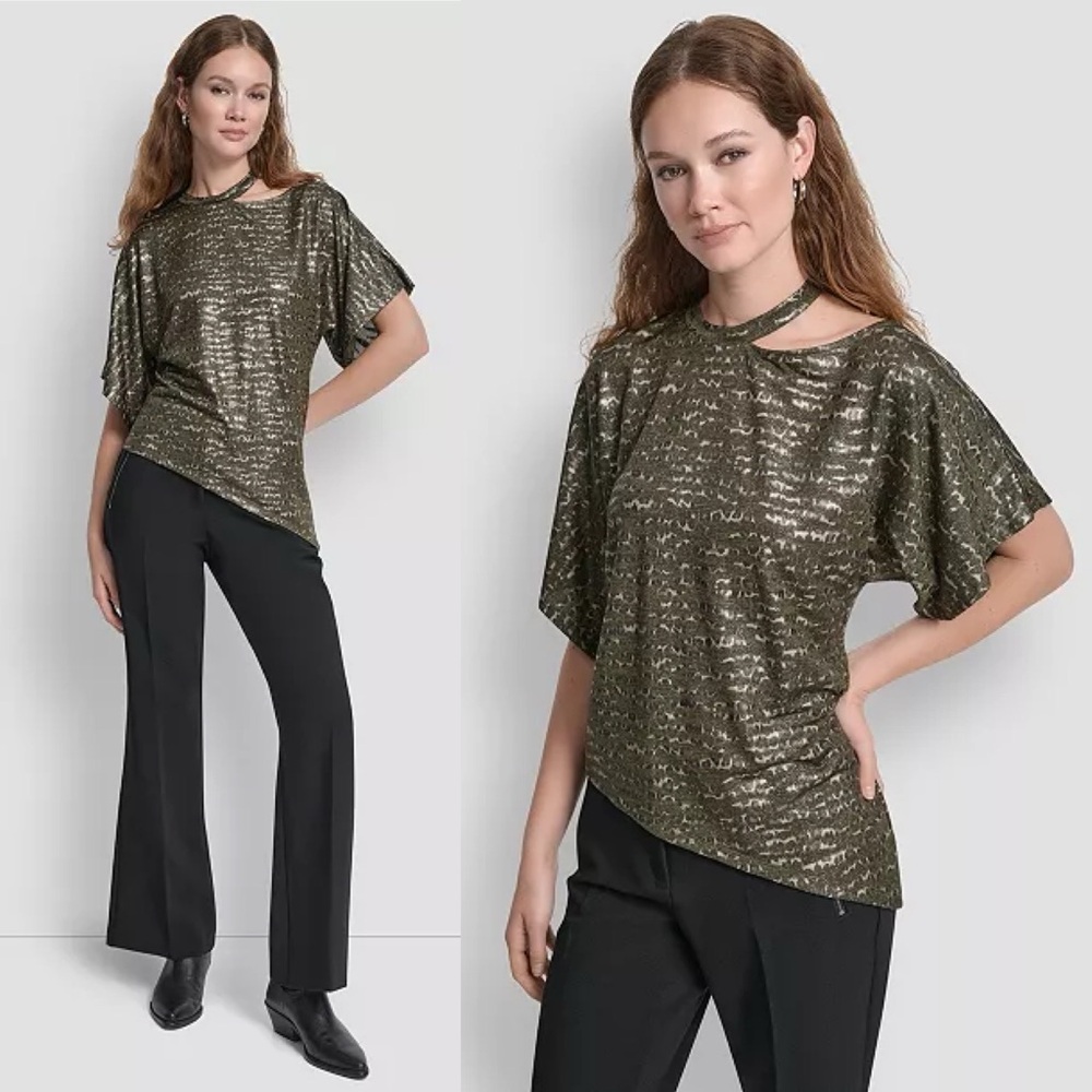 DKNY Green Brown Metallic Short Sleeve Cut Foil Printed Top Asymmetrical Hem